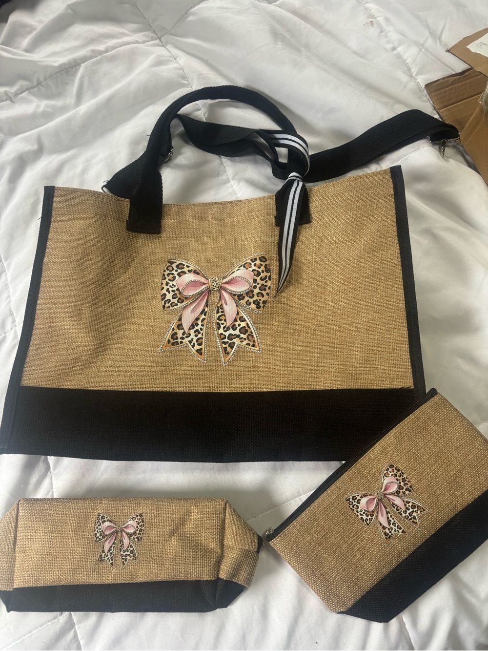 Woven Bow Accent Tote Bag - Pink & Tan